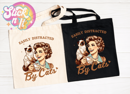 EASILY DISTRACTED BY CATS REUSABLE TOTE BAG - Stick N It