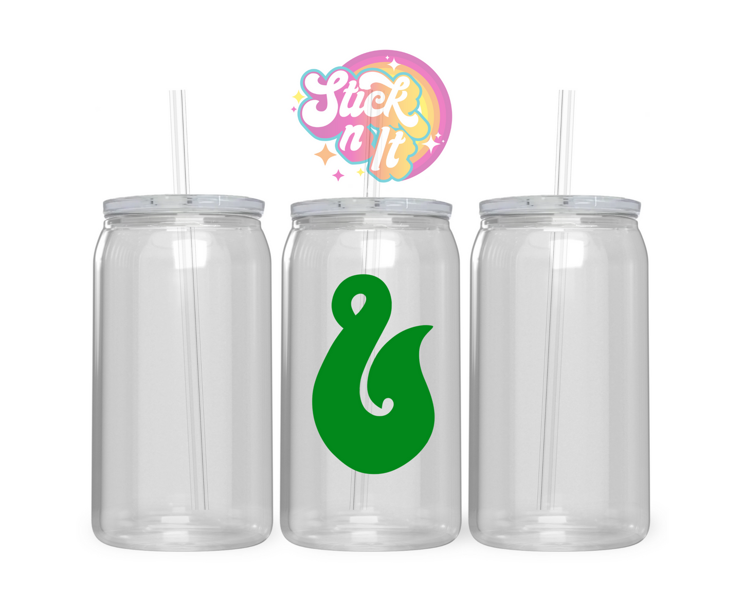 Acrylic cup featuring an Aotearoa inspired hei matau in green
