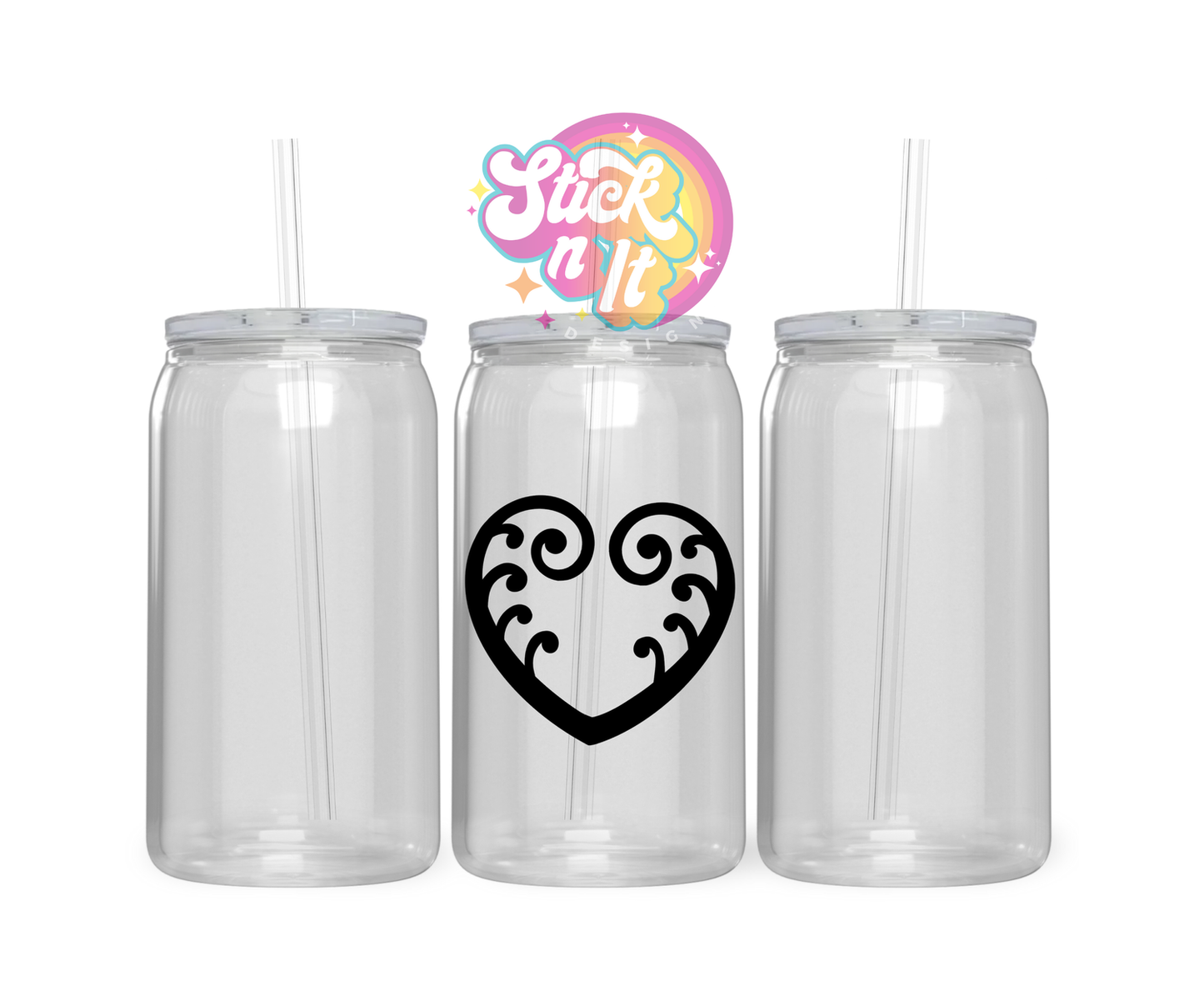 Acrylic cup featuring an Aotearoa inspired heart koru fern in black