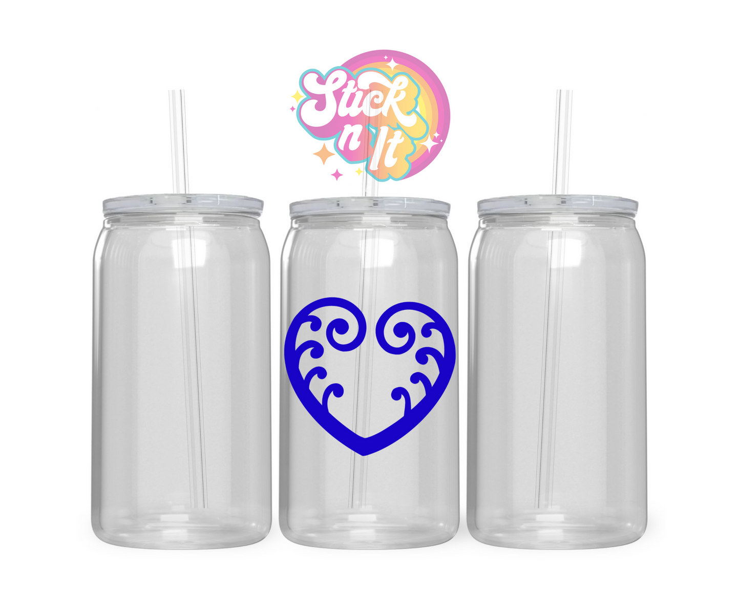 Acrylic cup featuring an Aotearoa inspired heart koru fern in blue