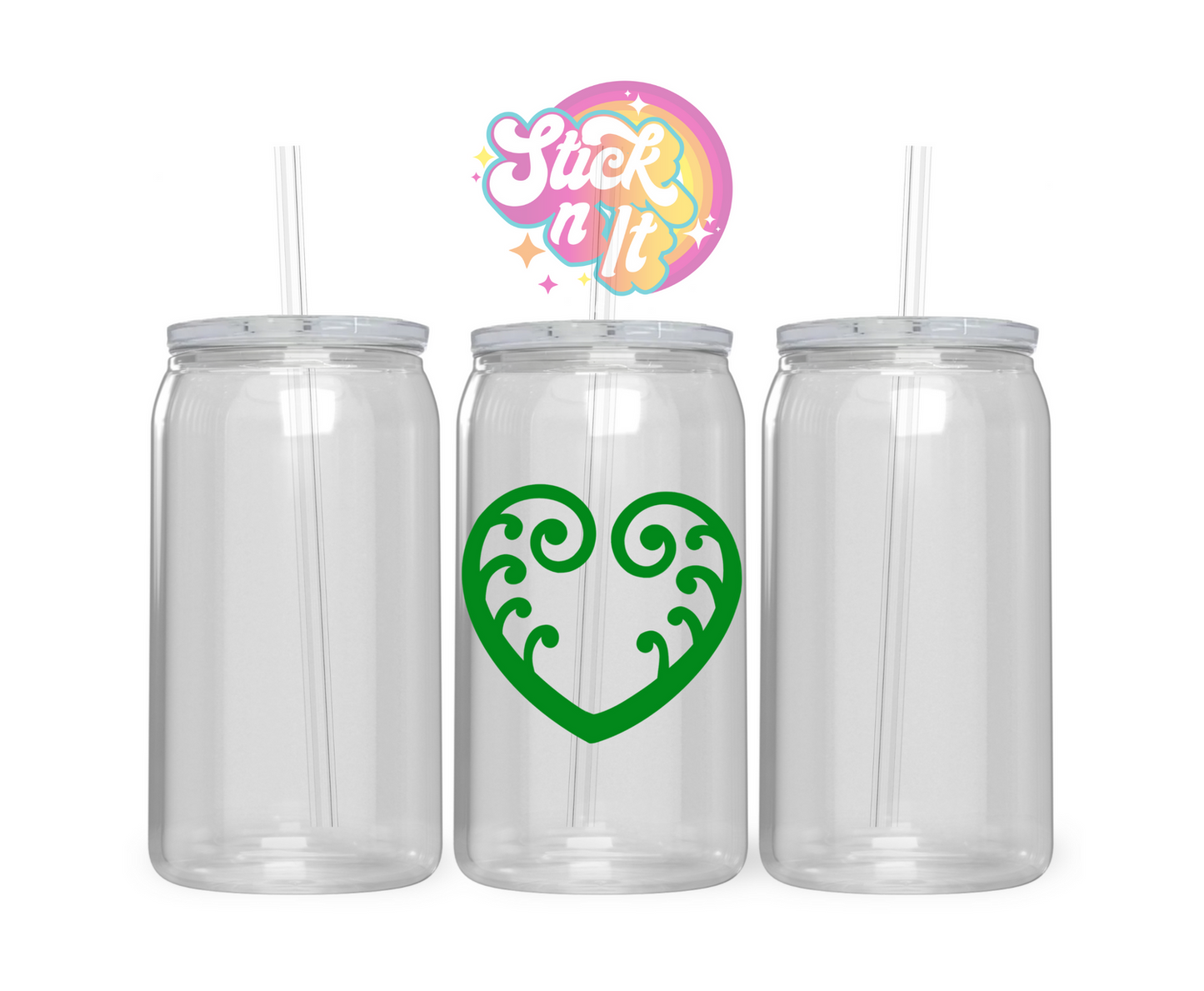 Acrylic cup featuring an Aotearoa inspired heart koru fern in green