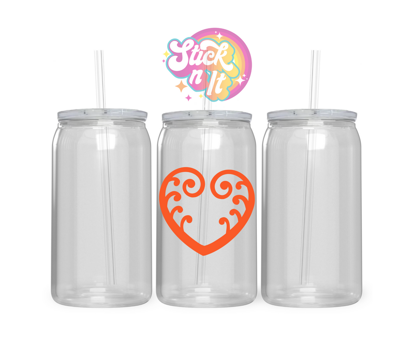 Acrylic cup featuring an Aotearoa inspired heart koru fern in orange