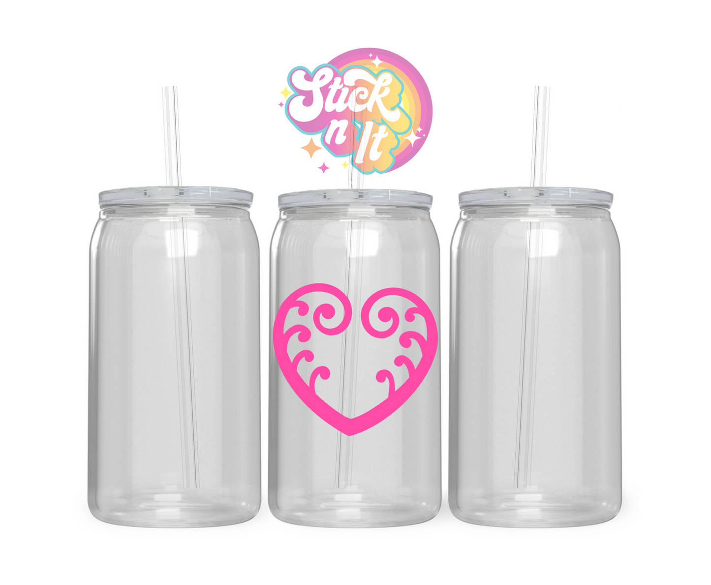 Acrylic cup featuring an Aotearoa inspired heart koru fern in pink