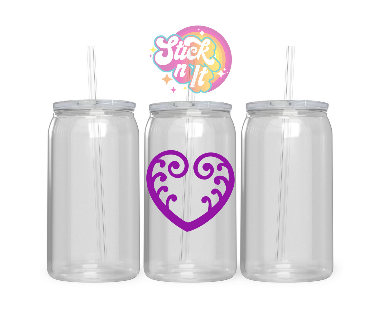 Acrylic cup featuring an Aotearoa inspired heart koru fern in purple