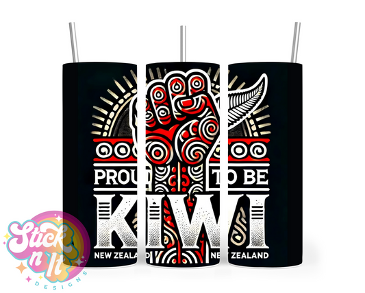 Stainless steel tumbler featuring a raised fist and quote Proud to be Kiwi on a black background