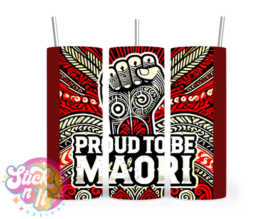 Stainless steel tumbler featuring a raised fist and quote Proud to be Māori on a red background