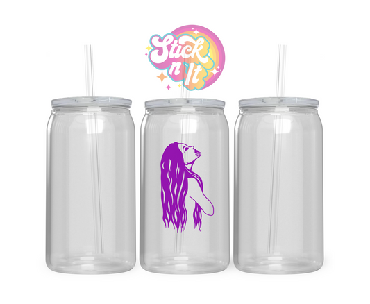 Acrylic cup featuring an Aotearoa inspired wahine in purple