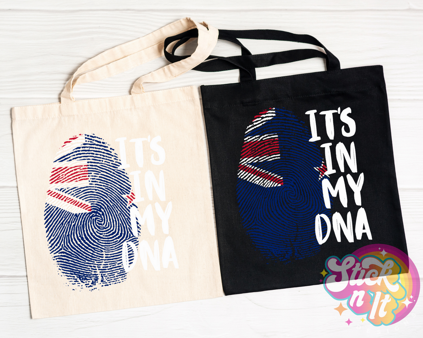 Tote bags featuring quote It's in my DNA with fingerprint shaped Aotearoa flag. 