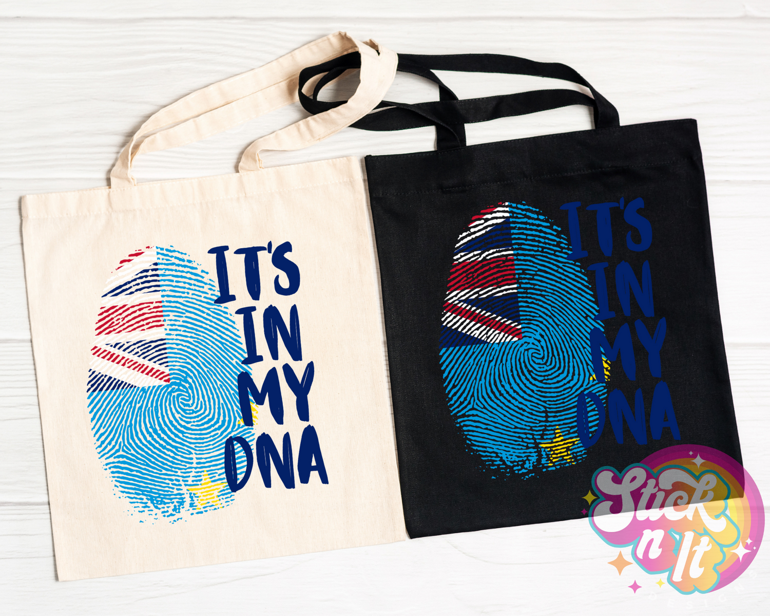 Black and natural colour tote bags featuring quote It's in my DNA in blue with a fingerprint shaped Tuvalu flag