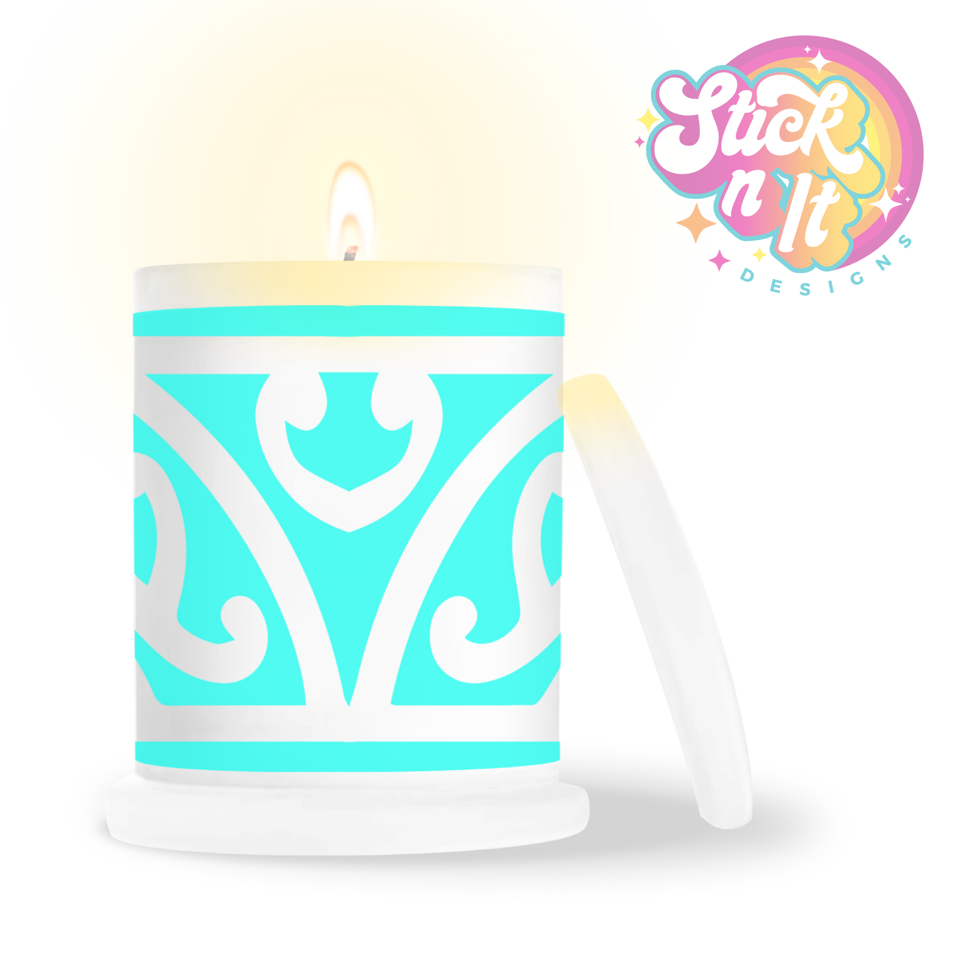 Frosted candle jar featuring Aotearoa NZ design in aqua