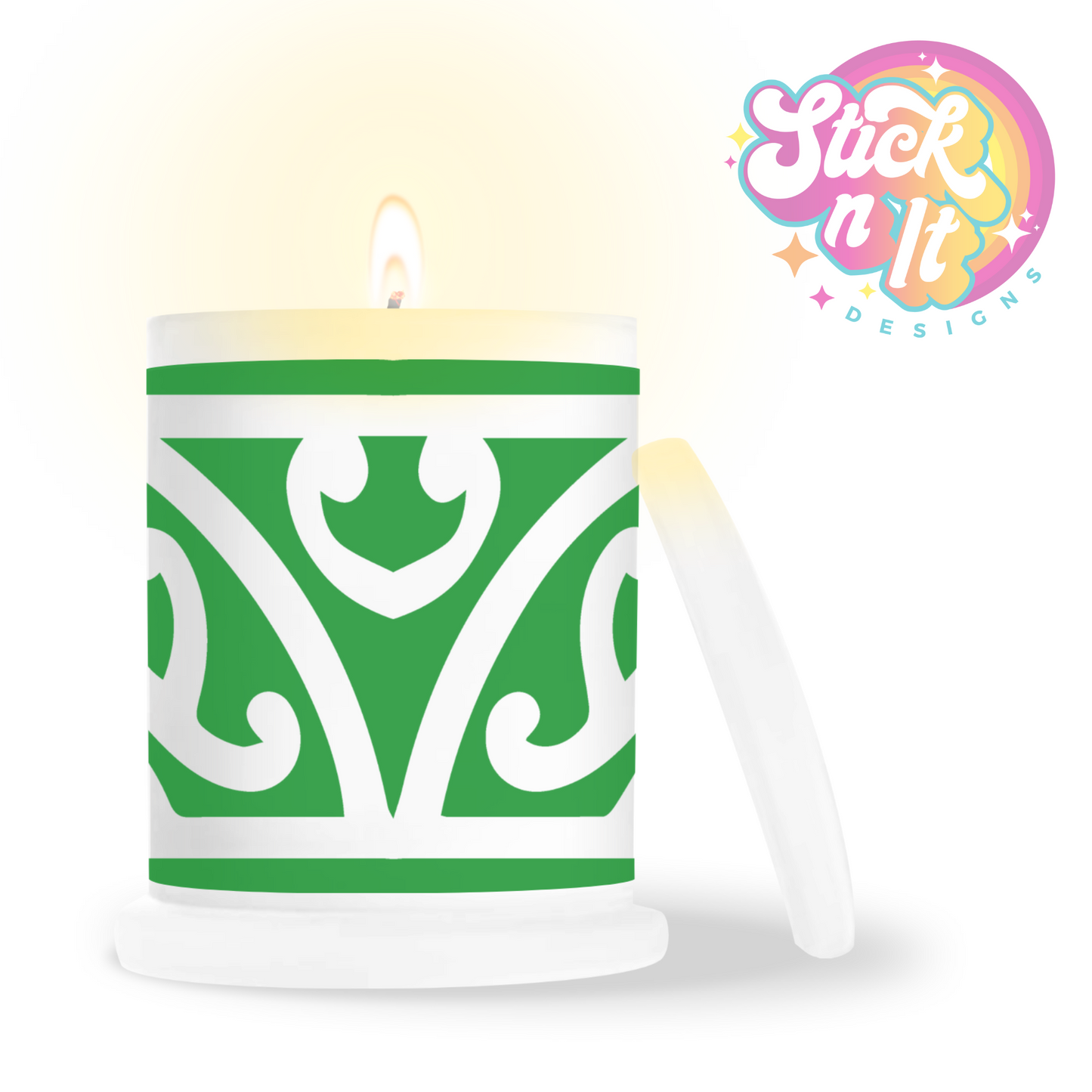 Frosted candle jar featuring Aotearoa NZ design in green