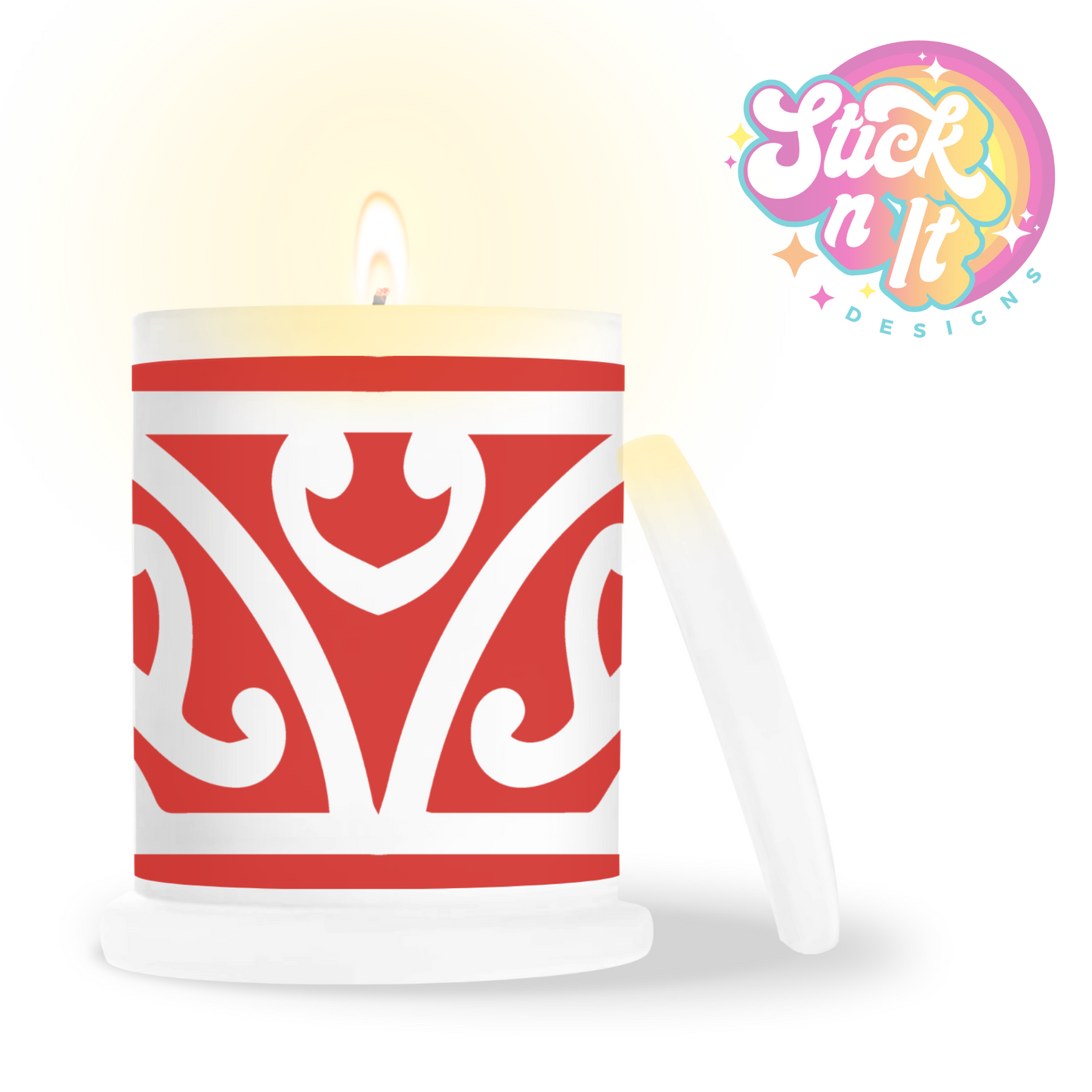 Frosted candle jar featuring Aotearoa NZ design in red
