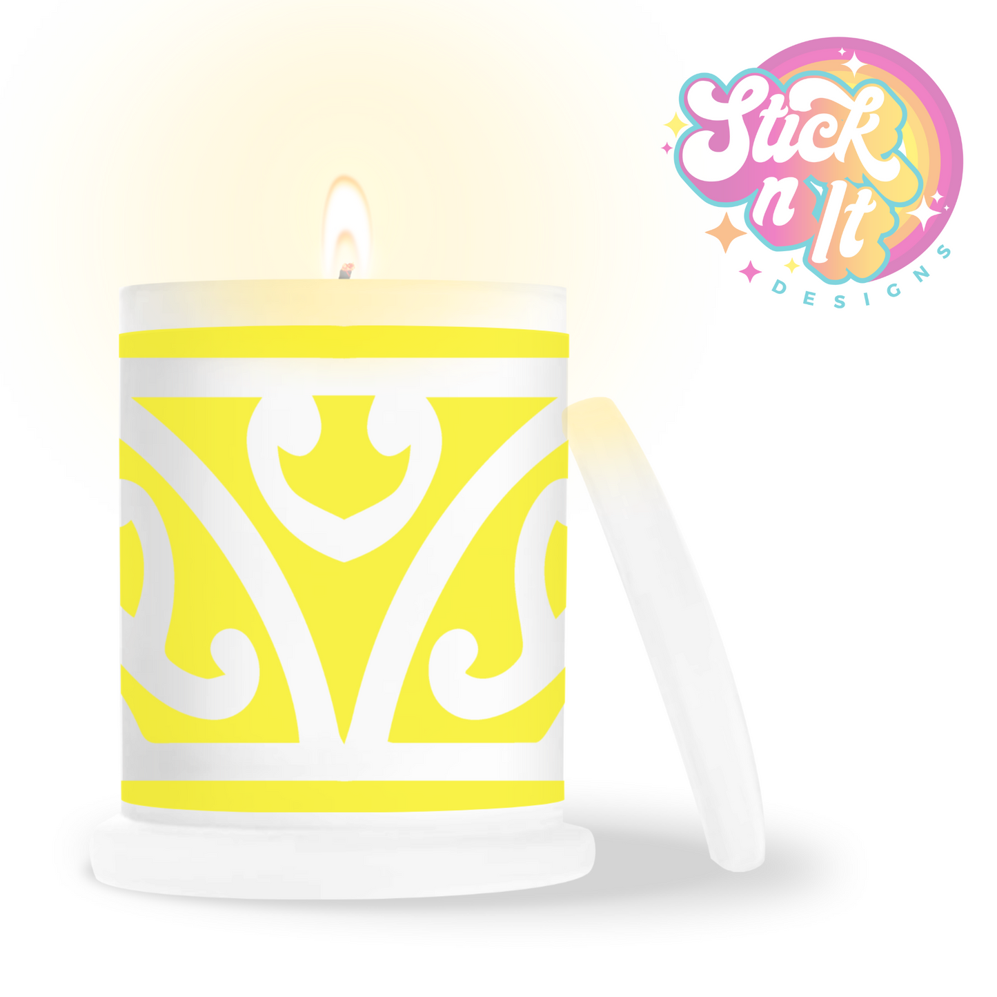 Frosted candle jar featuring Aotearoa NZ design in yellow