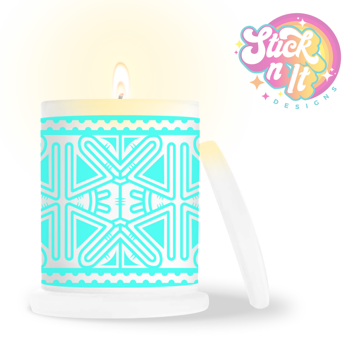 Frosted candle jar featuring Pacific Islands PNG design in aqua
