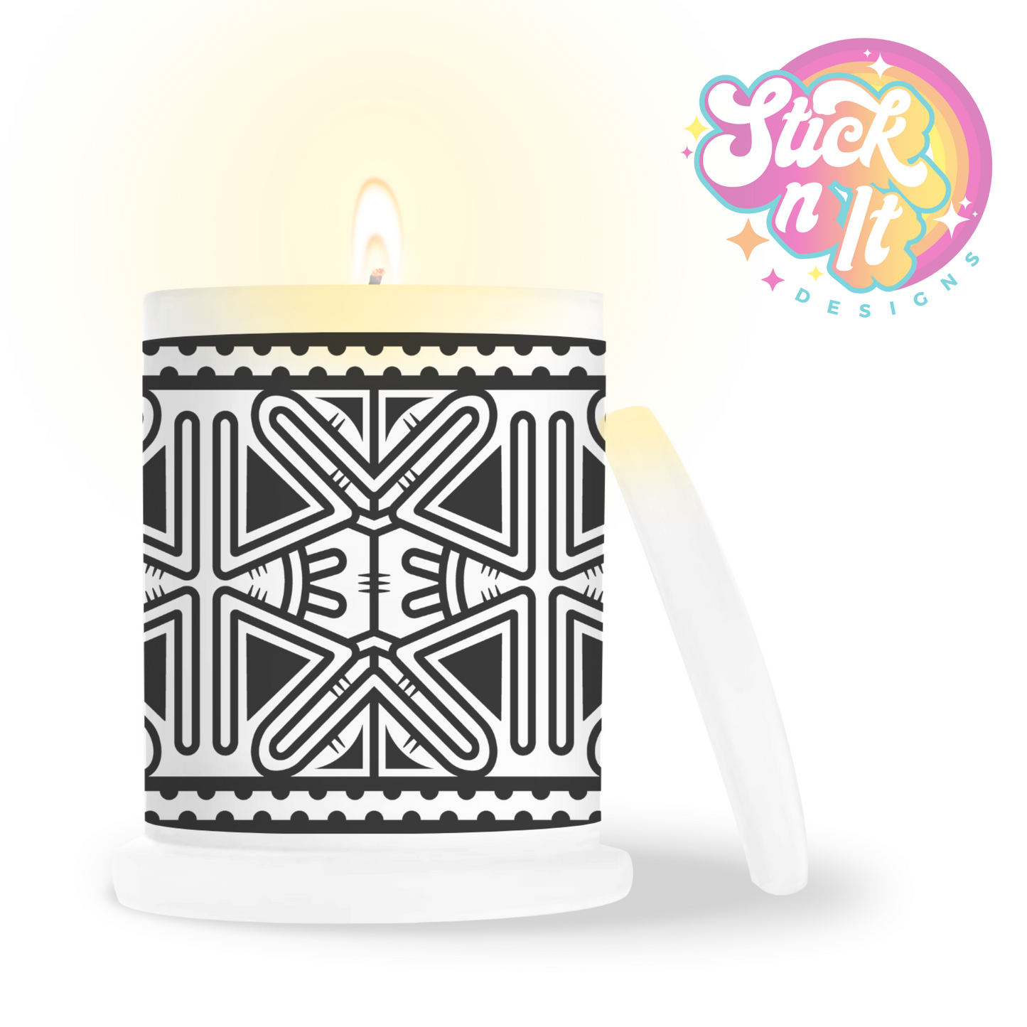 Frosted candle jar featuring Pacific Islands PNG design in black