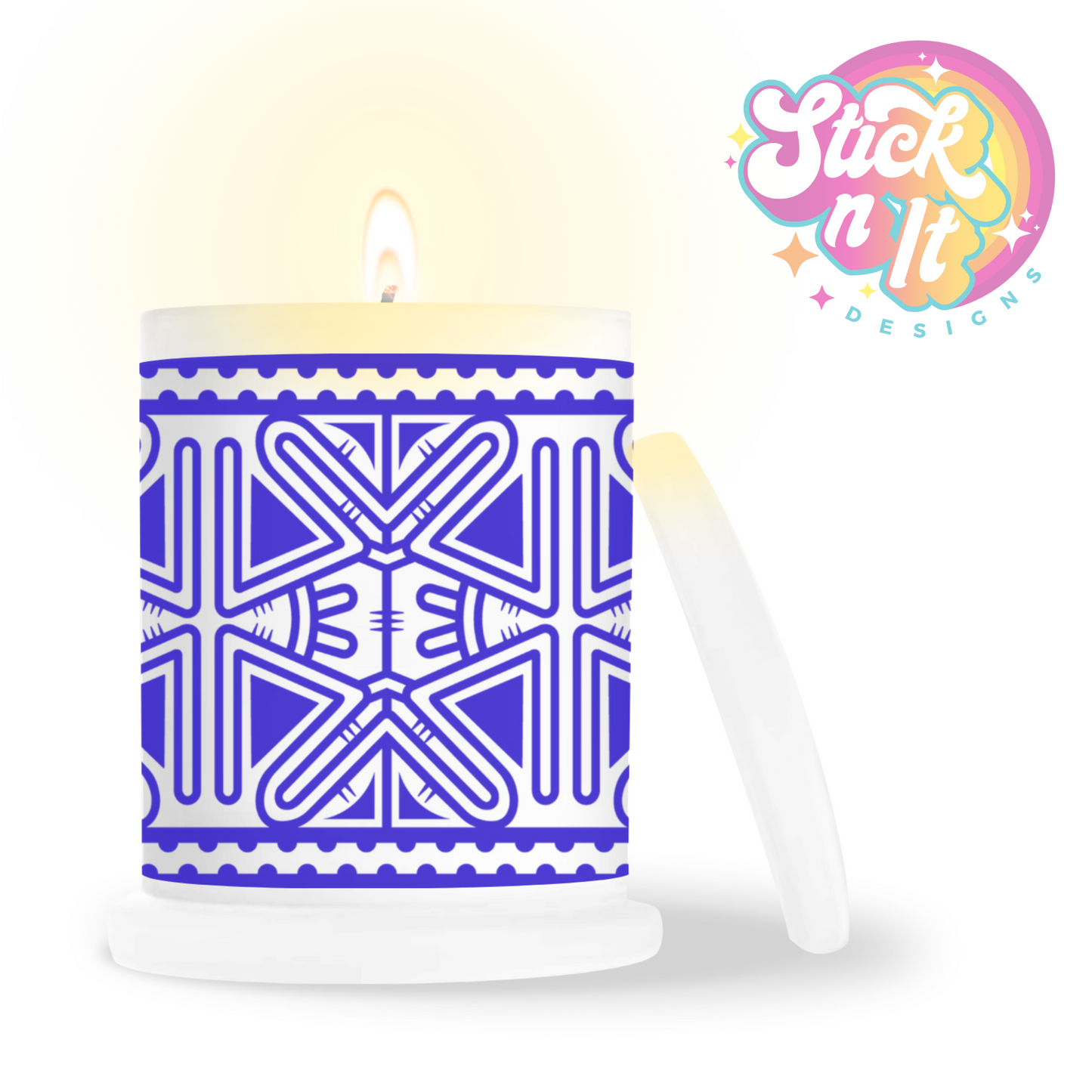 Frosted candle jar featuring Pacific Islands PNG design in blue