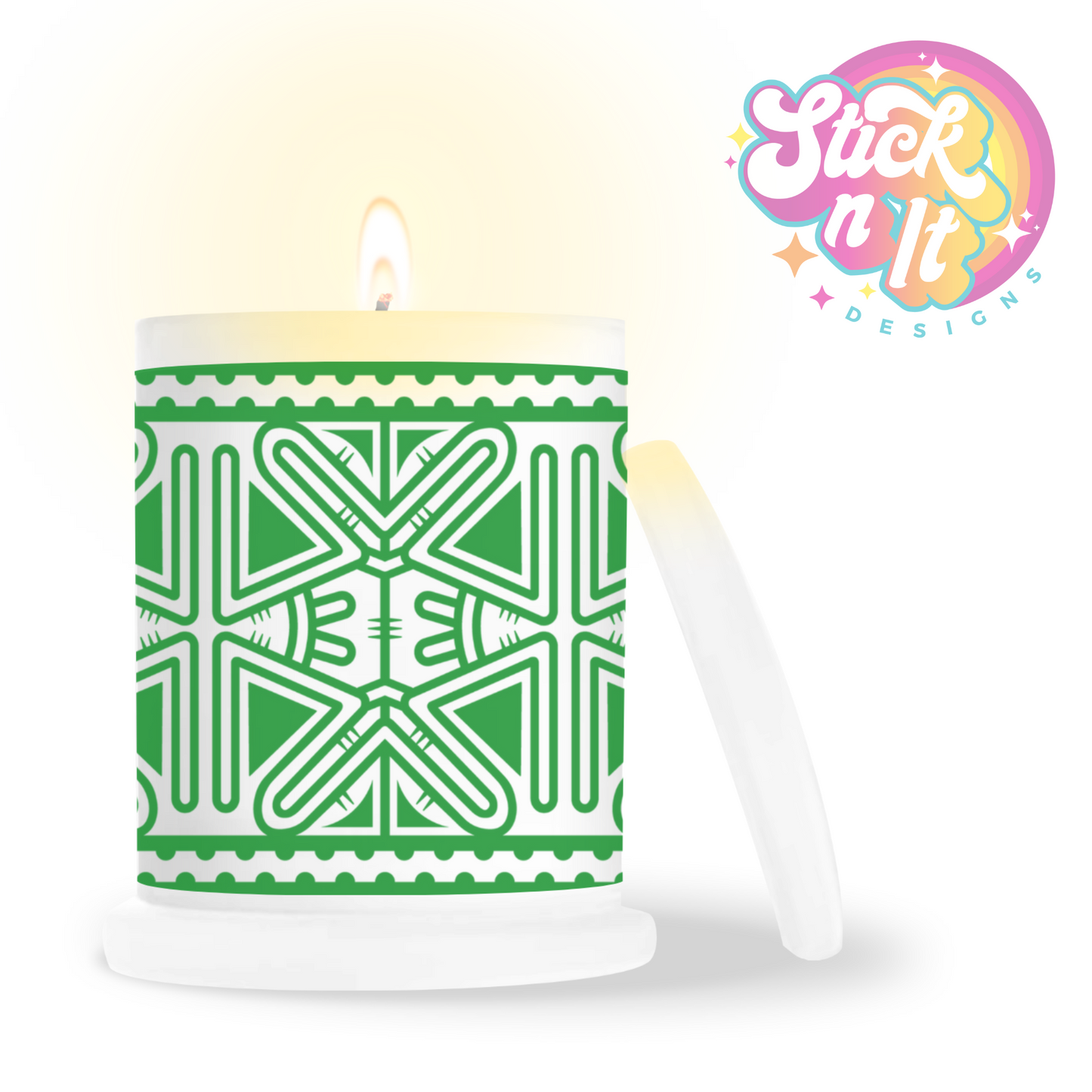 Frosted candle jar featuring Pacific Islands PNG design in green