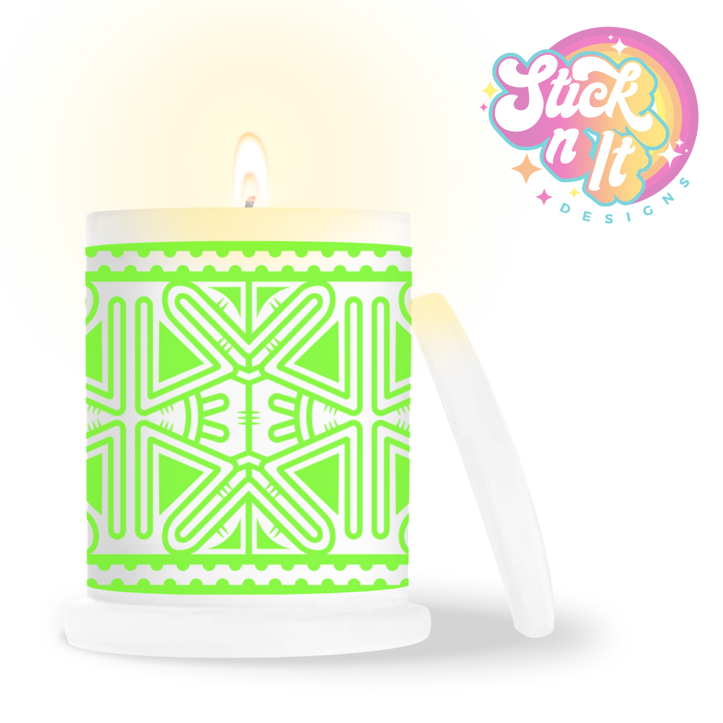 Frosted candle jar featuring Pacific Islands PNG design in lime
