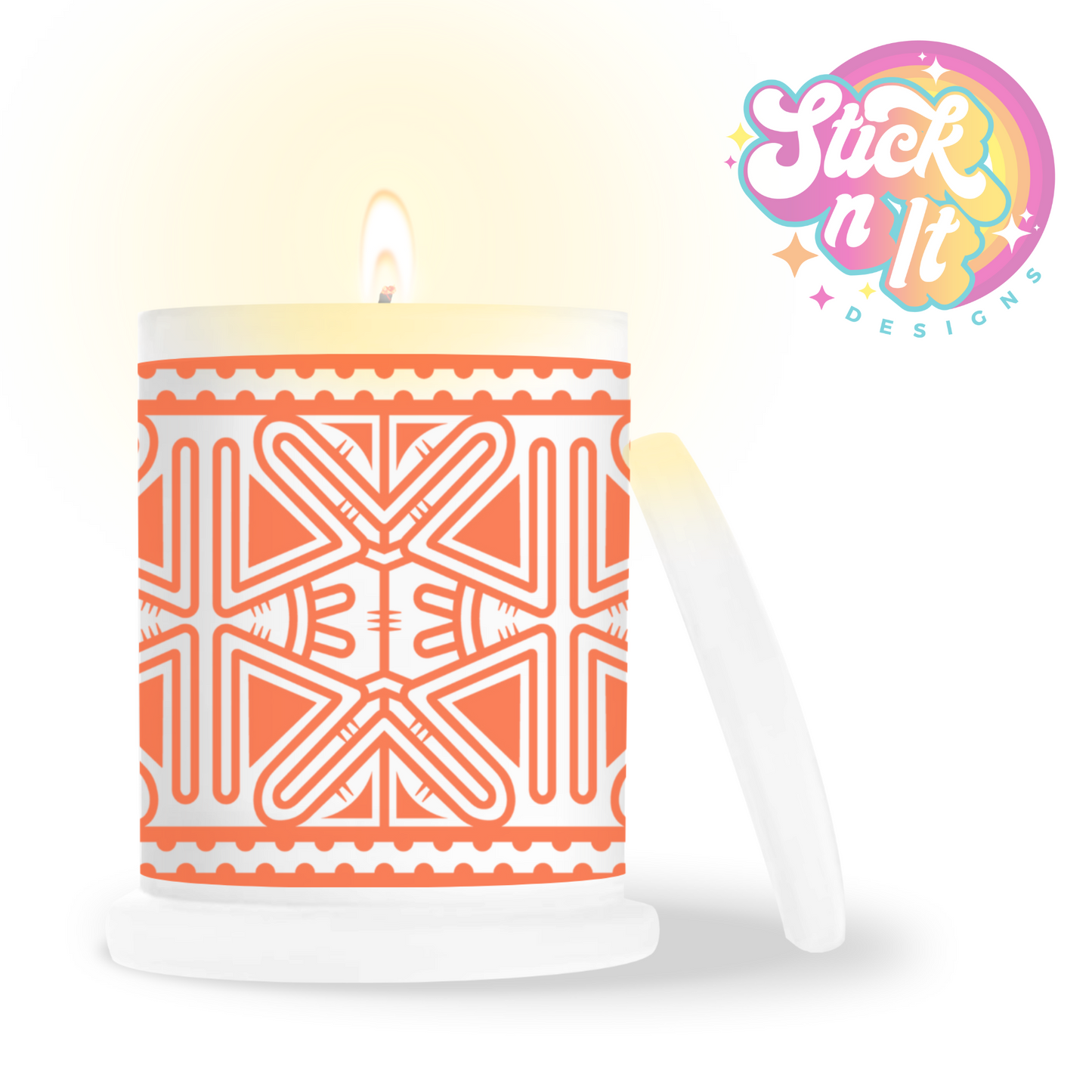 Frosted candle jar featuring Pacific Islands PNG design in orange
