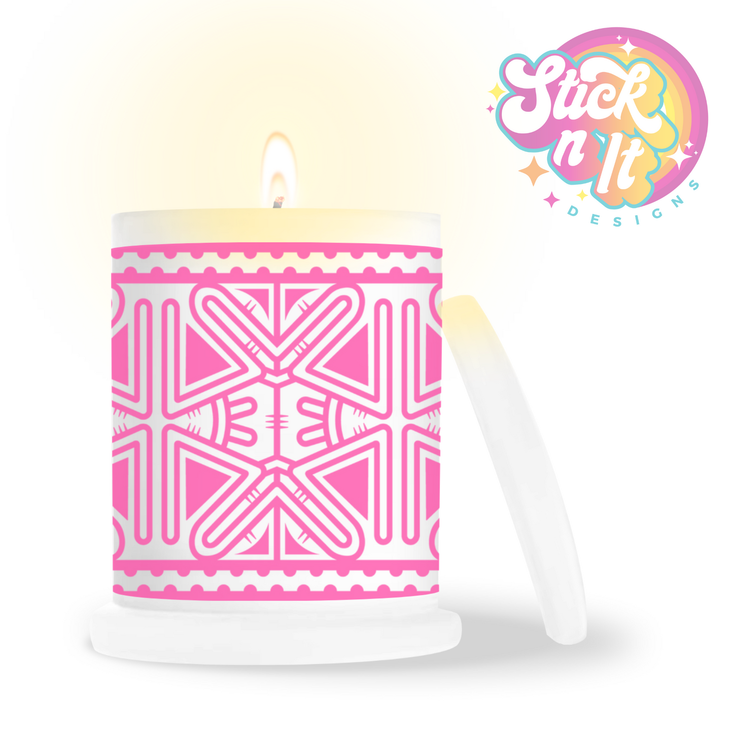 Frosted candle jar featuring Pacific Islands PNG design in pink