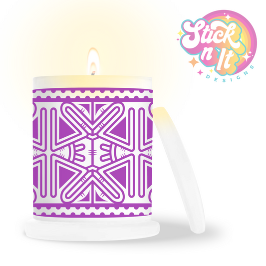 Frosted candle jar featuring Pacific Islands PNG design in purple