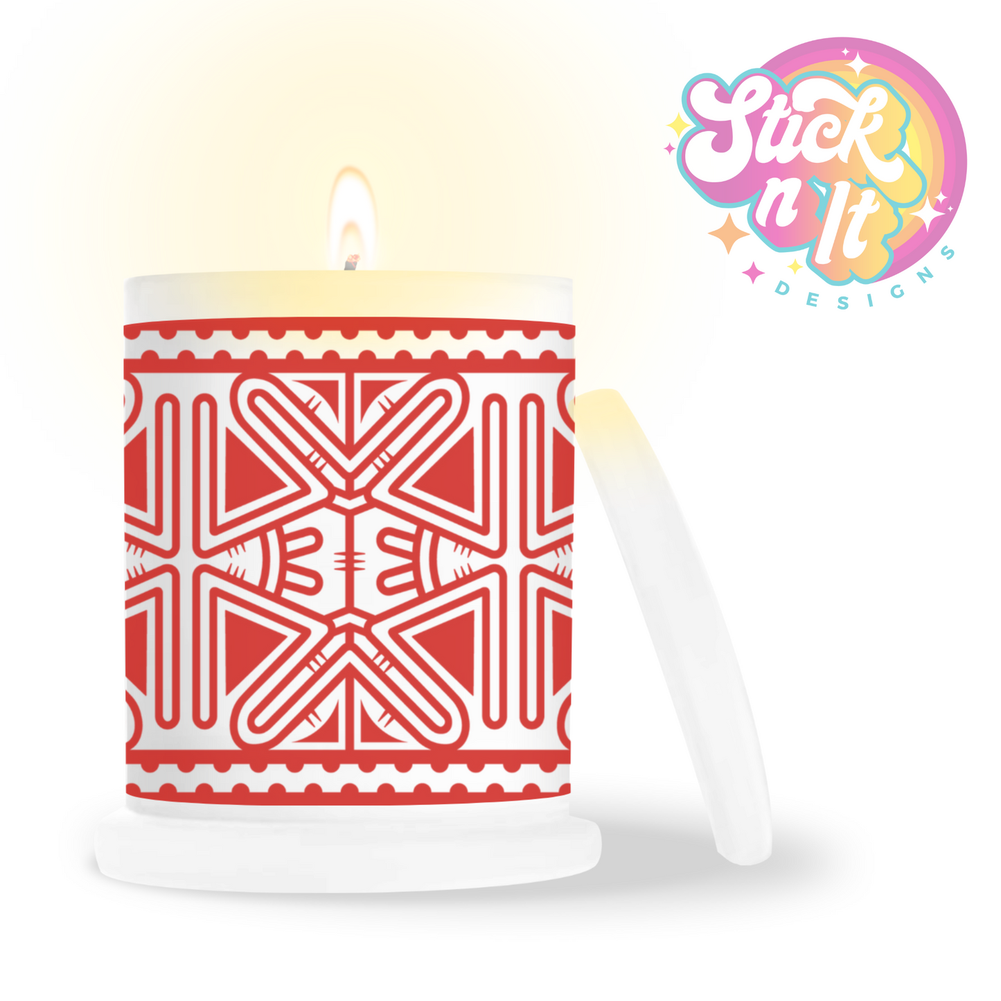 Frosted candle jar featuring Pacific Islands PNG design in red