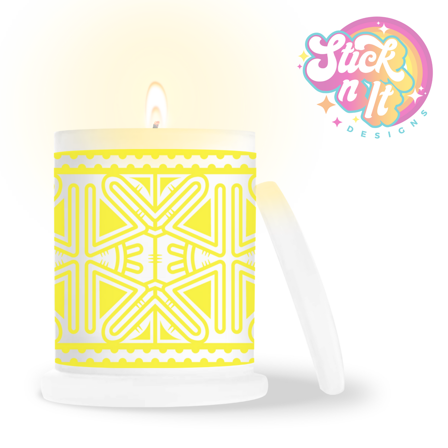 Frosted candle jar featuring Pacific Islands PNG design in yellow