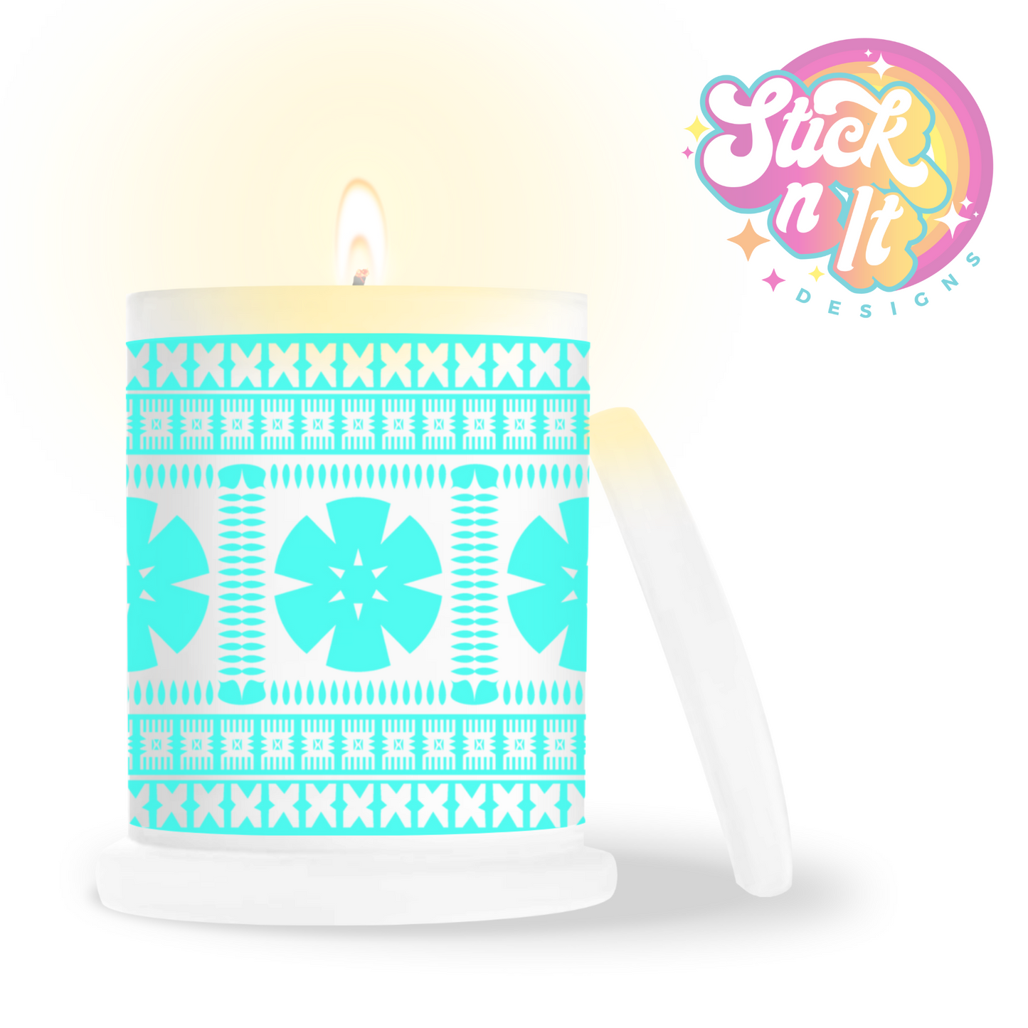 Frosted candle jar featuring a Pacific Islands tropical Fijian design in aqua