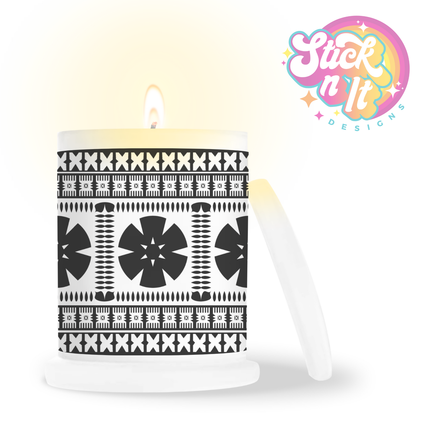 Frosted candle jar featuring a Pacific Islands tropical Fijian design in black