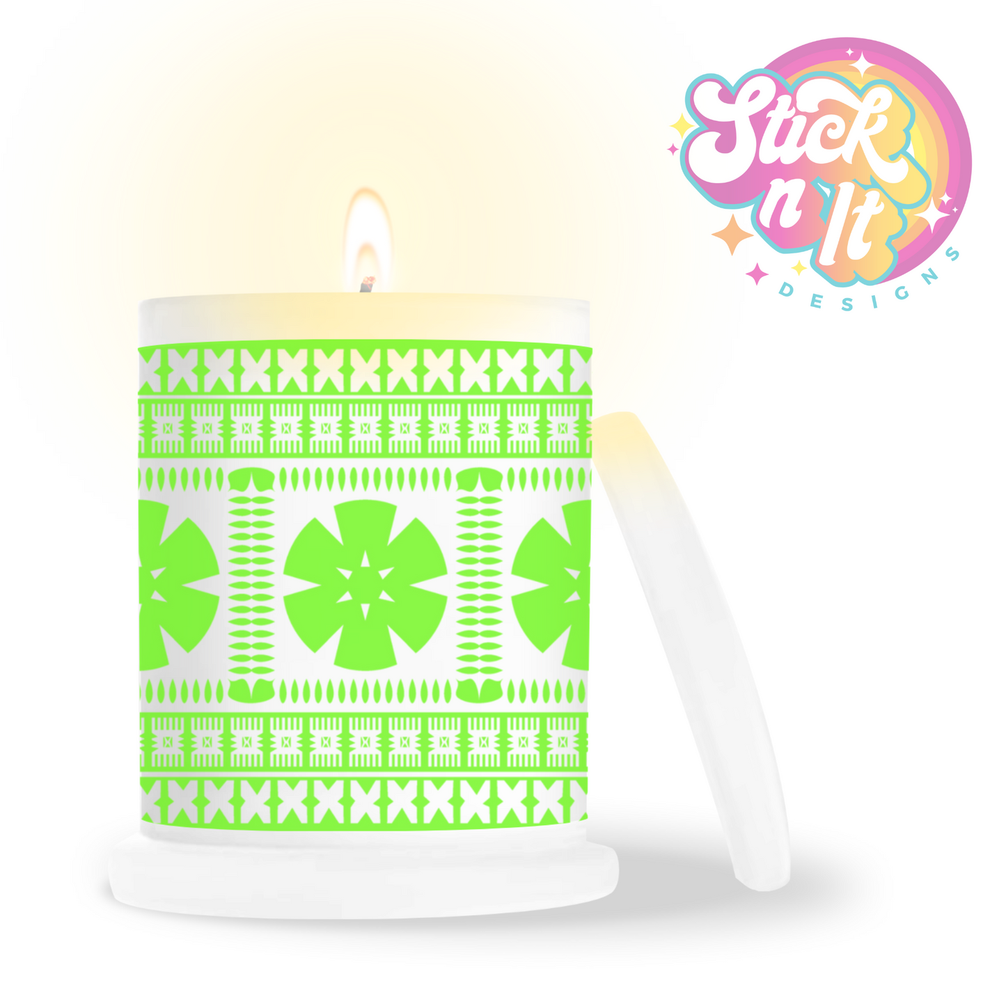 Frosted candle jar featuring a Pacific Islands tropical Fijian design in lime