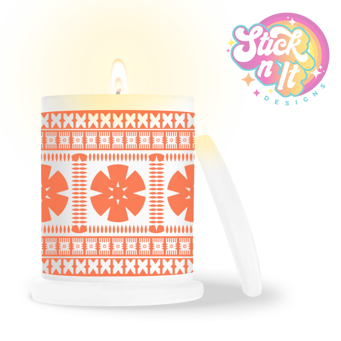 Frosted candle jar featuring a Pacific Islands tropical Fijian design in orange