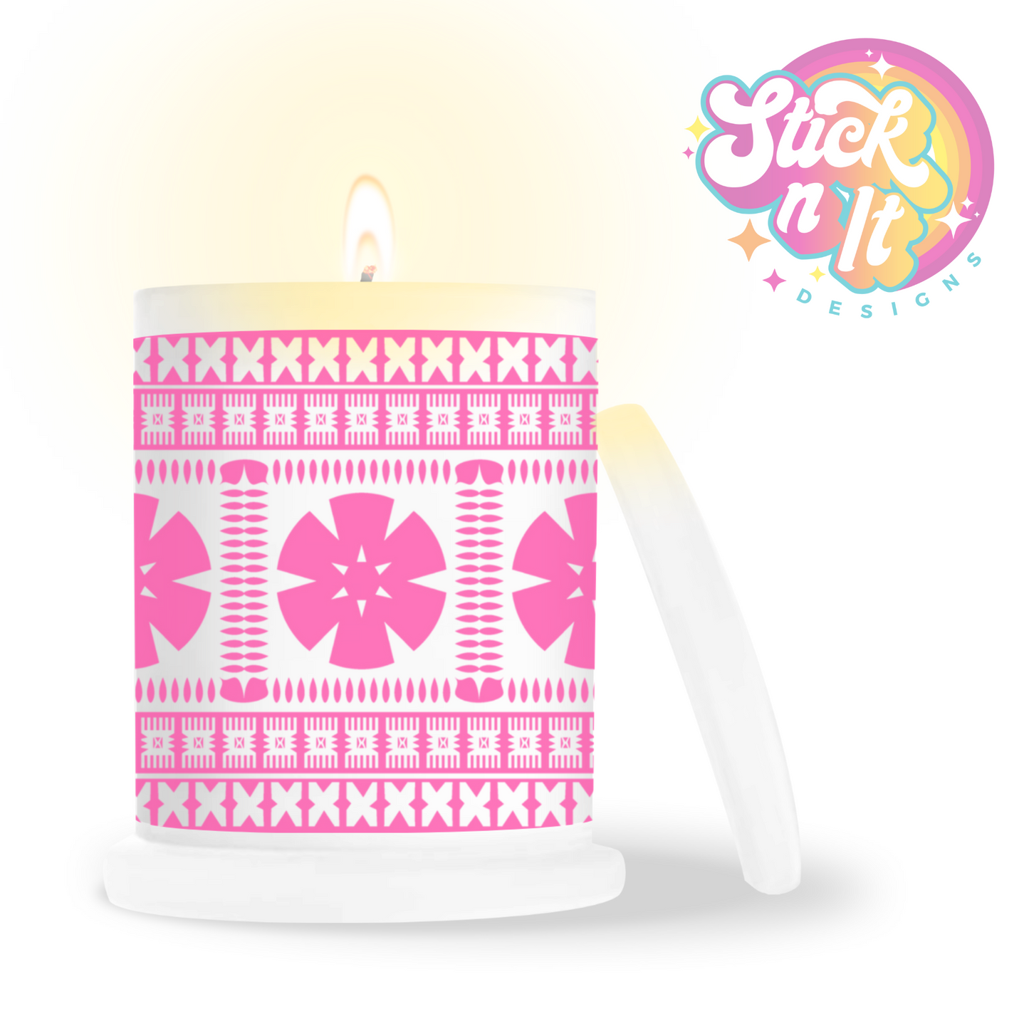 Frosted candle jar featuring a Pacific Islands tropical Fijian design in pink