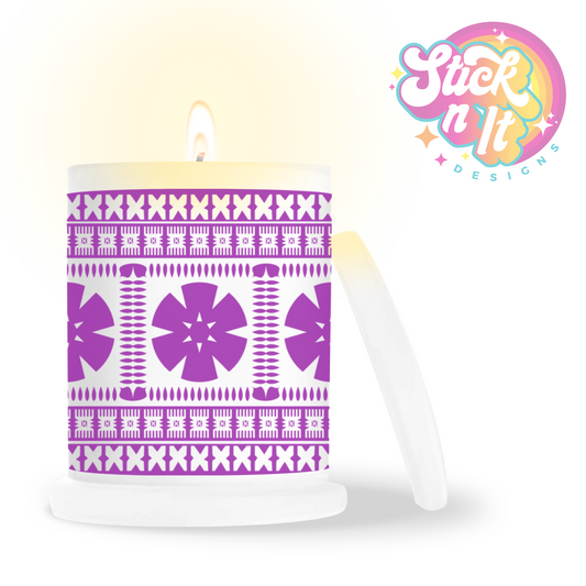 Frosted candle jar featuring a Pacific Islands tropical Fijian design in purple