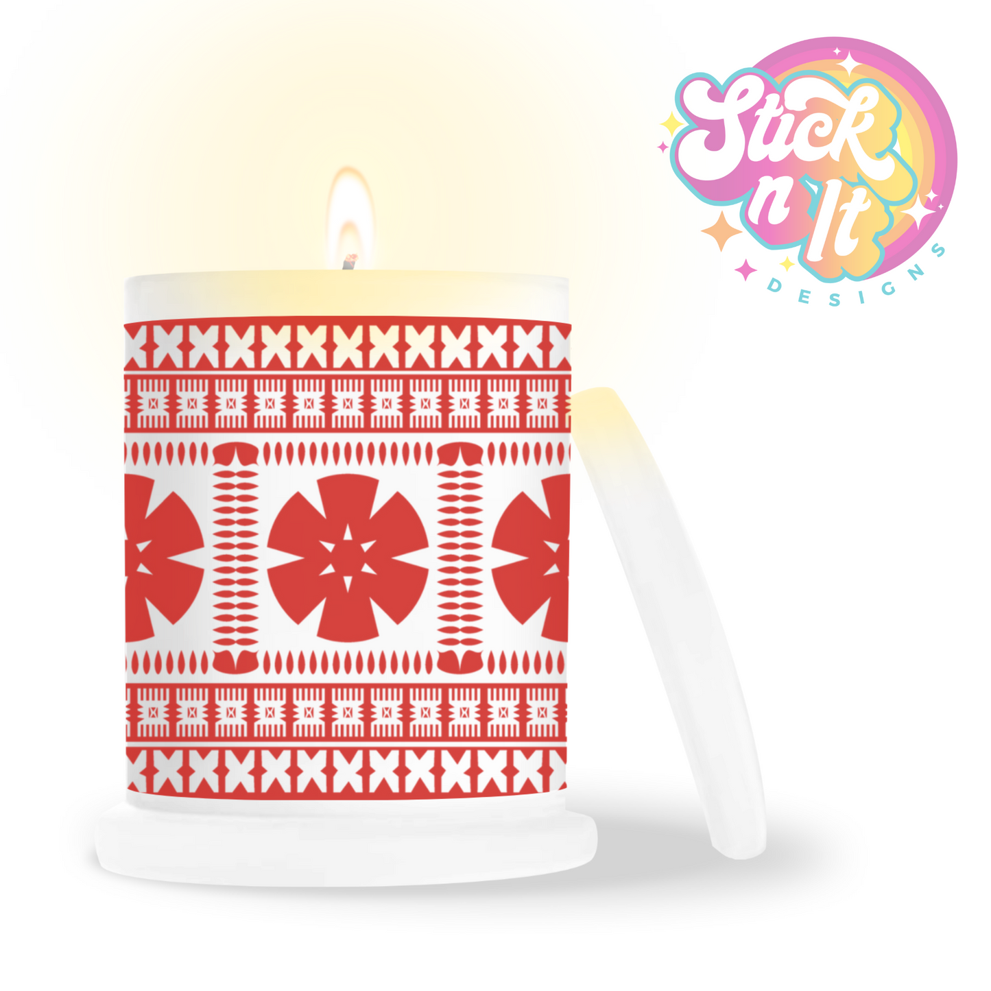 Frosted candle jar featuring a Pacific Islands tropical Fijian design in red