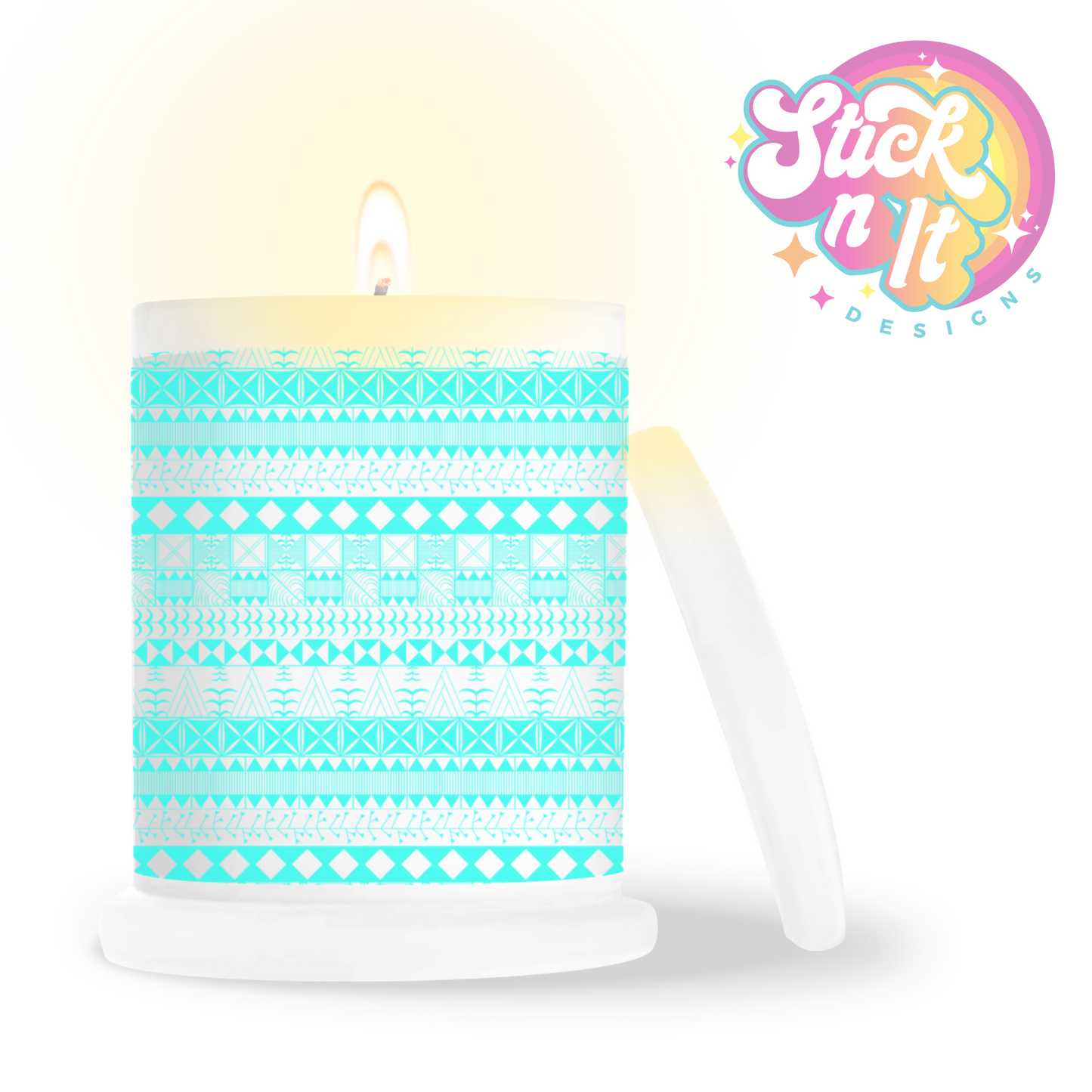 Frosted candle jar featuring Polynesian Niue design in aqua
