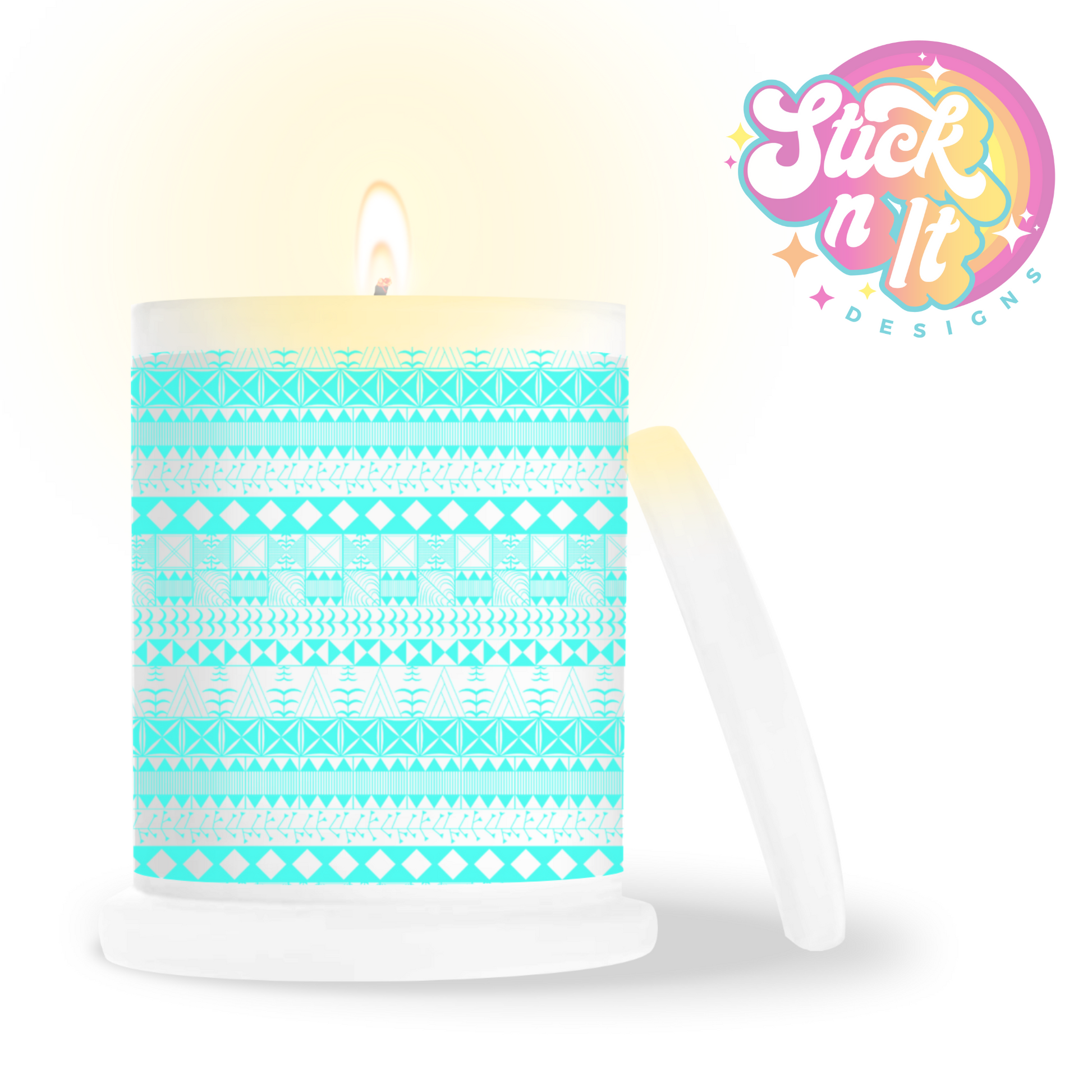 Frosted candle jar featuring Polynesian Niue design in aqua