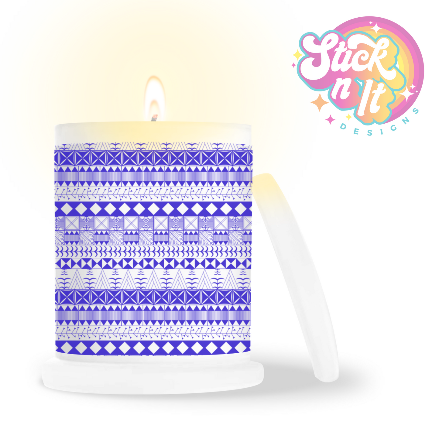 Frosted candle jar featuring Polynesian Niue design in blue