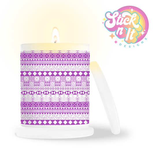 Frosted candle jar featuring Polynesian Niue design in purple