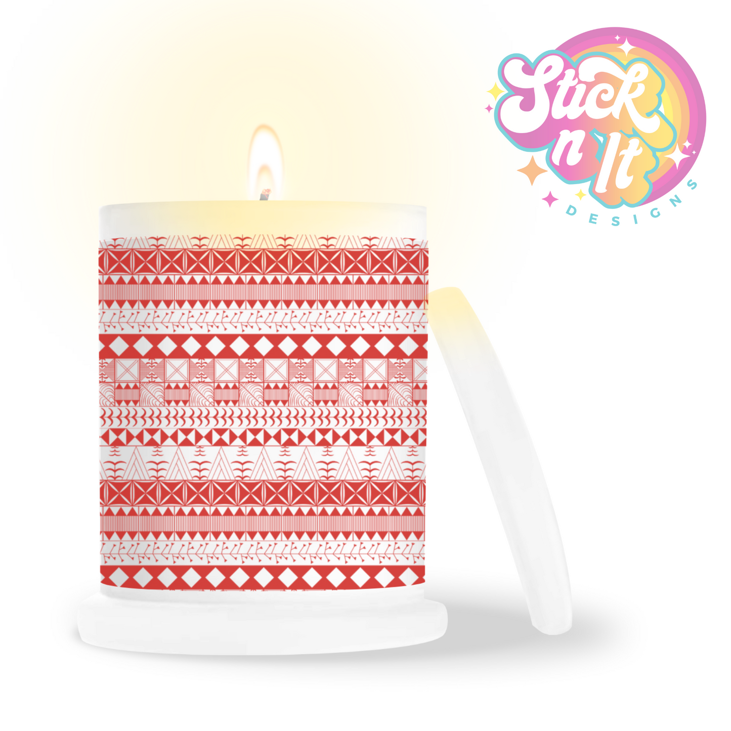 Frosted candle jar featuring Polynesian Niue design in red