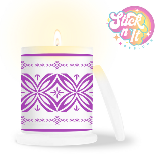 Frosted candle jar featuring tropical Polynesian Islands Samoan design in purple