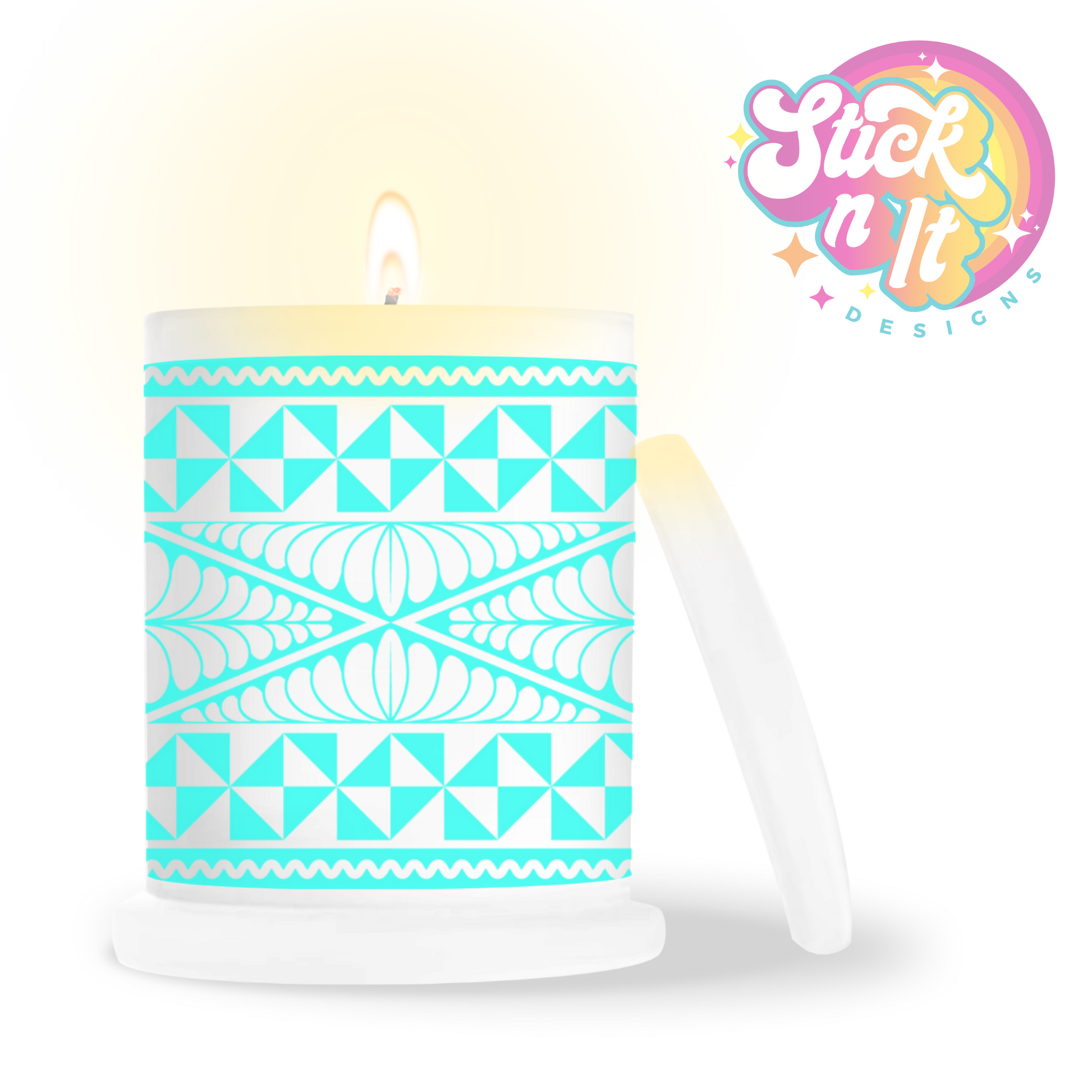 Frosted candle jar featuring a Polynesian Tongan design in aqua