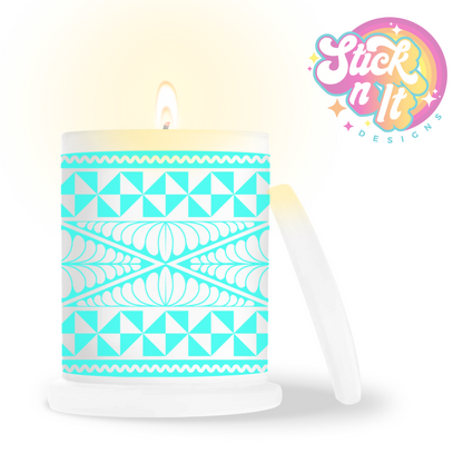 Frosted candle jar featuring a Polynesian Tongan design in aqua