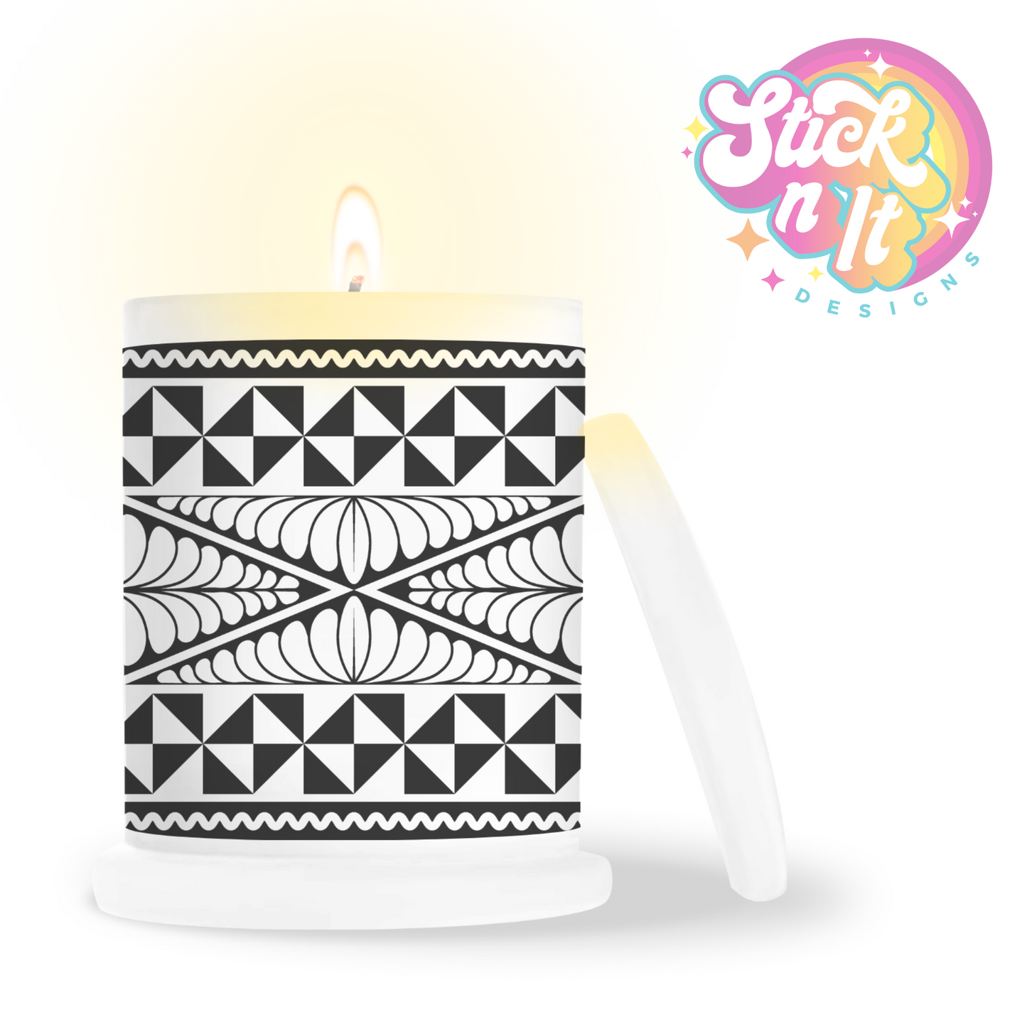 Frosted candle jar featuring a Polynesian Tongan design in black