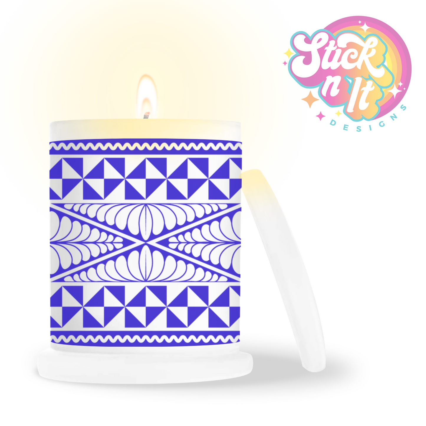 Frosted candle jar featuring a Polynesian Tongan design in blue