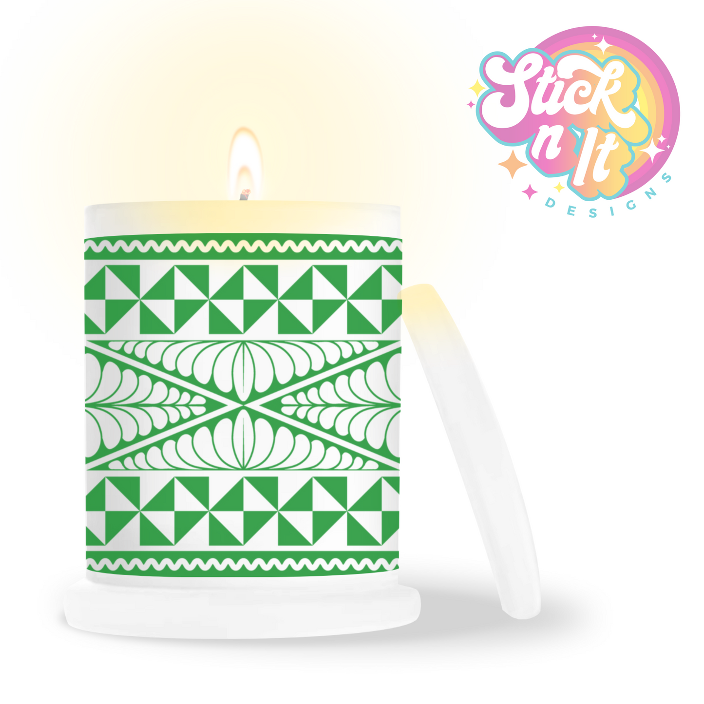 Frosted candle jar featuring a Polynesian Tongan design in green