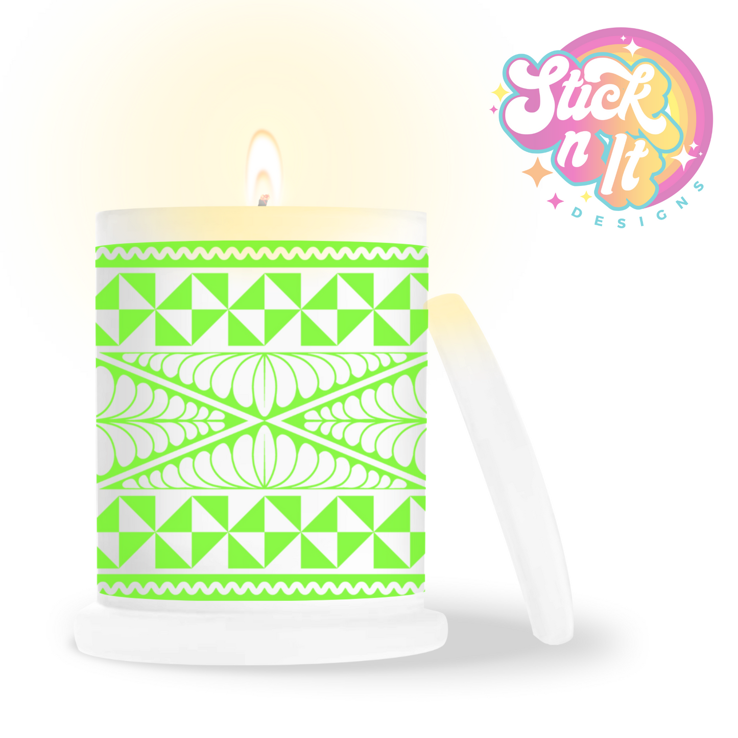 Frosted candle jar featuring a Polynesian Tongan design in lime