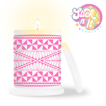 Frosted candle jar featuring a Polynesian Tongan design in pink