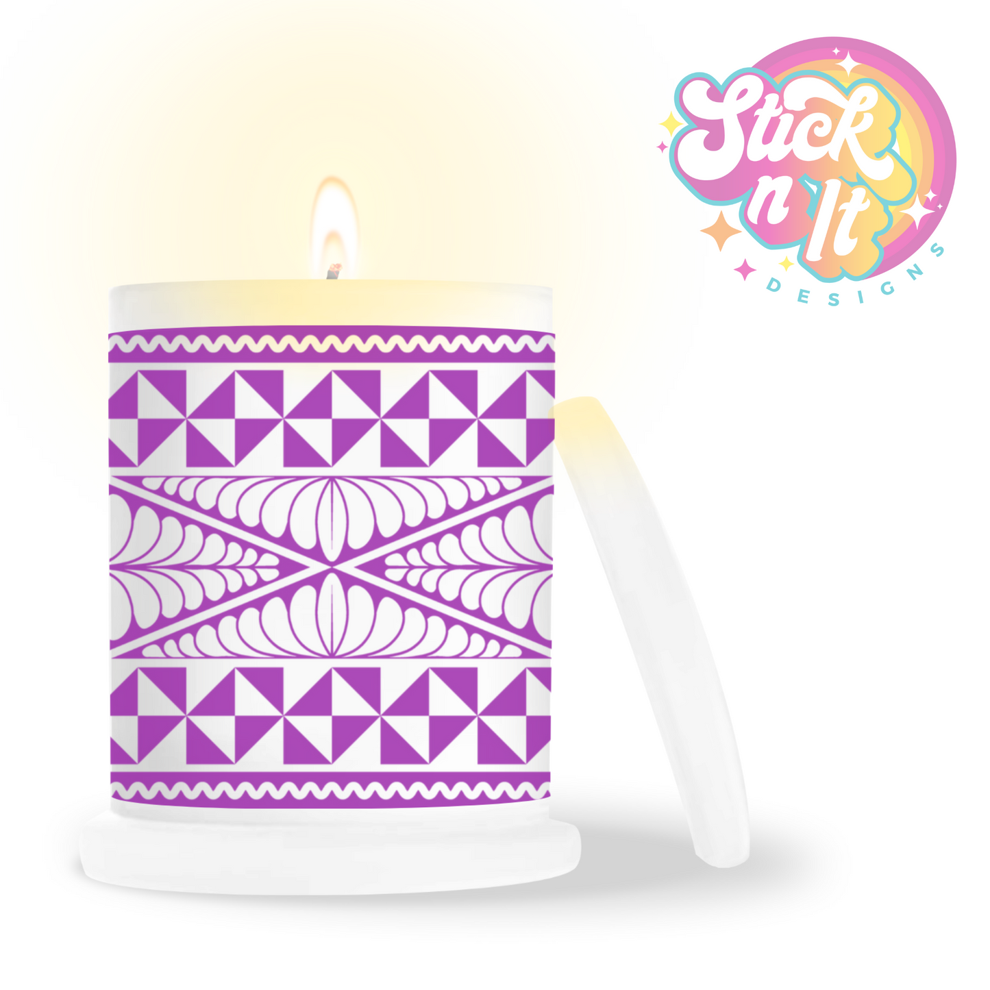 Frosted candle jar featuring a Polynesian Tongan design in purpl