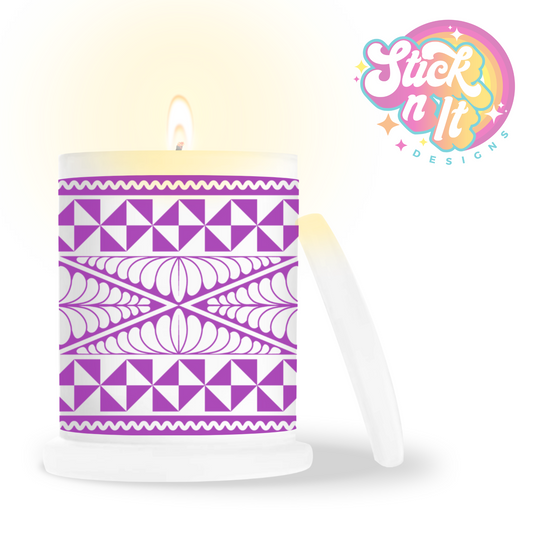 Frosted candle jar featuring a Polynesian Tongan design in purpl