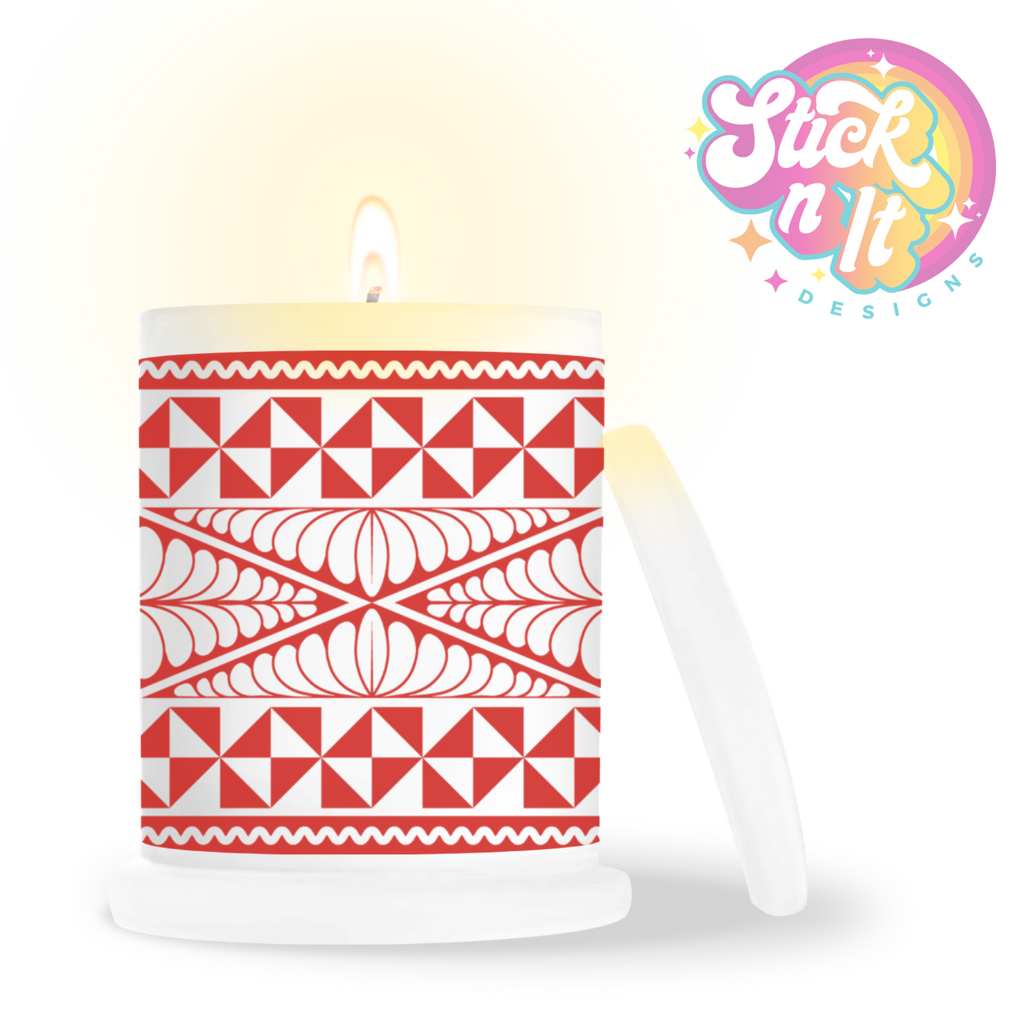 Frosted candle jar featuring a Polynesian Tongan design in red